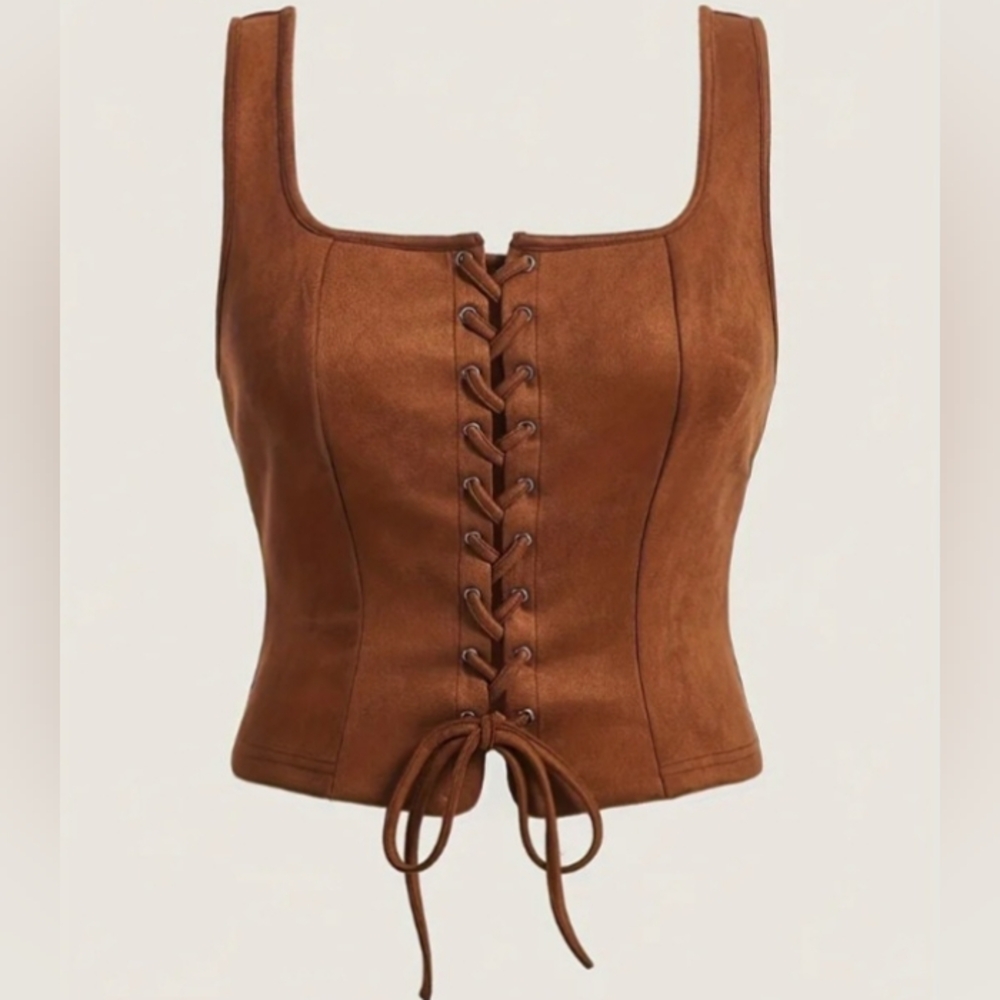 Women Khaki Brown Lace Up Sexy Top